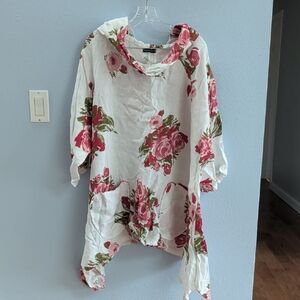 Linen Rose Floral Hooded Asymmetrical Hem Tunic with Pockets